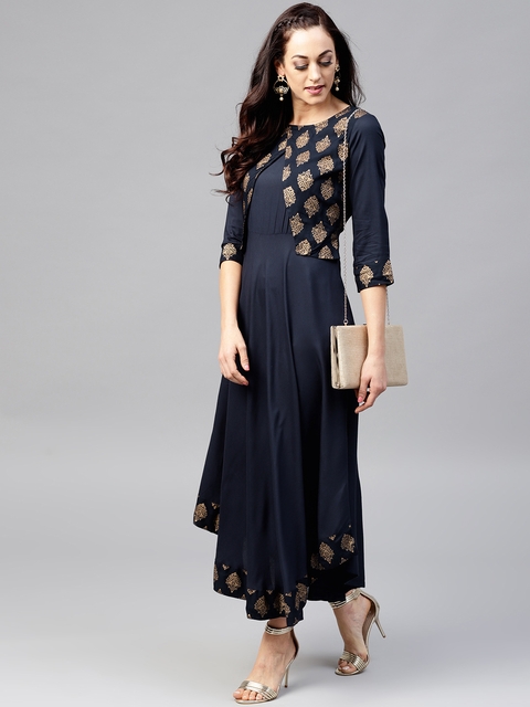 Nayo Women Navy Blue Solid Layered Maxi Dress with Printed Detail