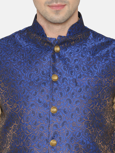 Wintage Men Blue Woven Design Nehru Jacket - Image 2
