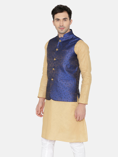 Wintage Men Blue Woven Design Nehru Jacket - Image 3