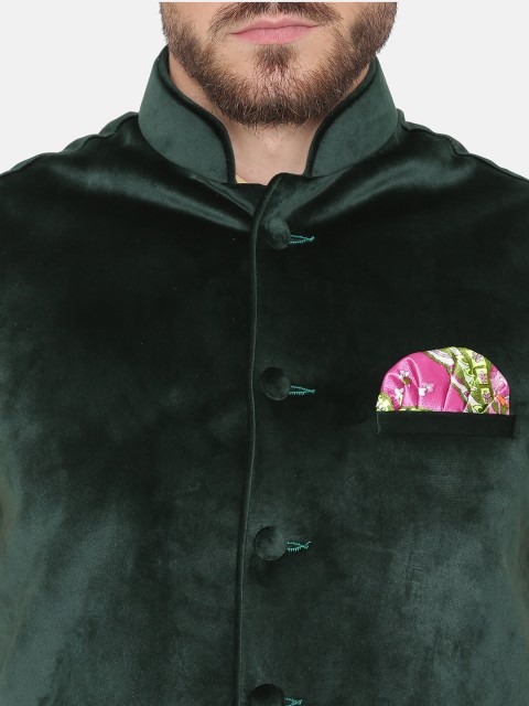 Wintage Men Green Velvet Nehru Jacket - Image 2
