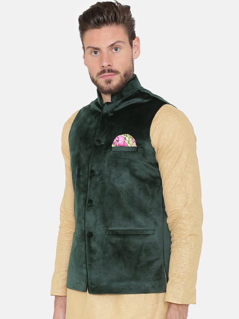 Wintage Men Green Velvet Nehru Jacket - Image 3
