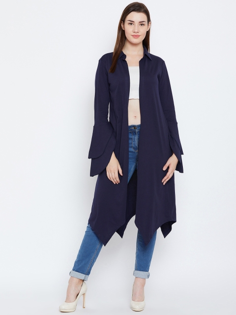 Hypernation Navy Blue Solid Open Front Shrug