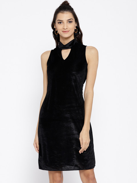 Athena Women Black Solid Velvet Finish Sheath Dress