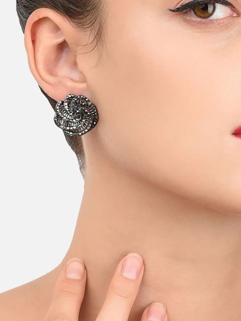 Zaveri Pearls Oxidised Silver-Plated Stone-Studded Floral Studs