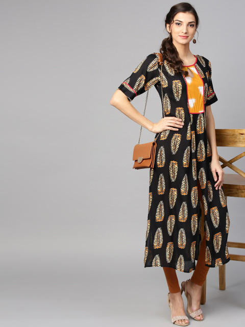 Ives Women Black & Beige Printed A-Line Kurta