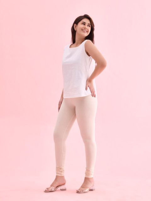 Go Colors Women Beige Solid Churidar Length Leggings - Image 2