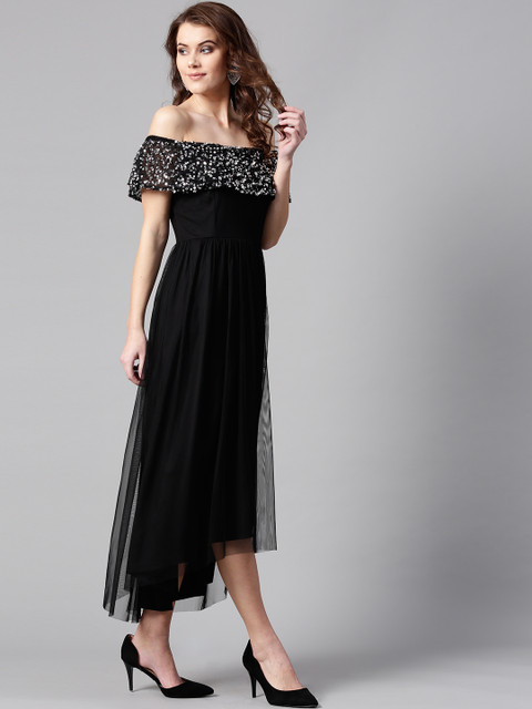 STREET 9 Women Black Embellished Detail Net Maxi Dress