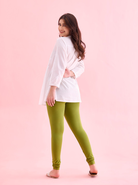 Go Colors Women Green Solid Churidar Length Leggings - Image 3