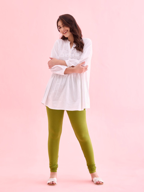 Go Colors Women Green Solid Churidar Length Leggings