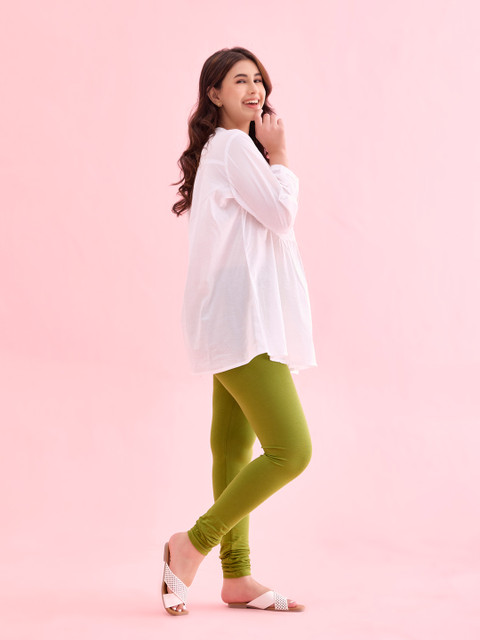 Go Colors Women Green Solid Churidar Length Leggings - Image 2