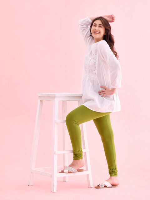 Go Colors Women Green Solid Churidar Length Leggings - Image 4