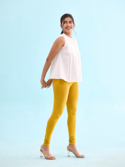 Go Colors Women Mustard Yellow Solid Churidar Length Leggings - Image 2