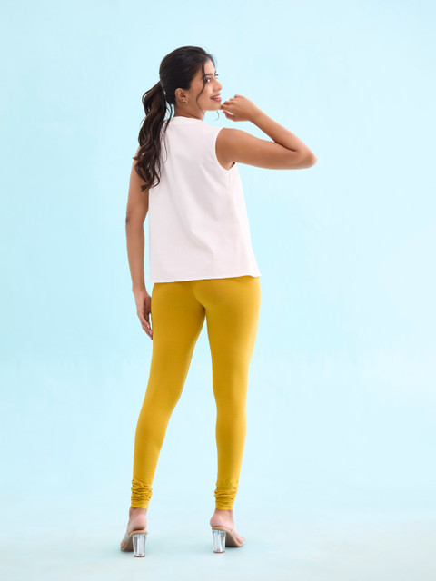 Go Colors Women Mustard Yellow Solid Churidar Length Leggings - Image 3
