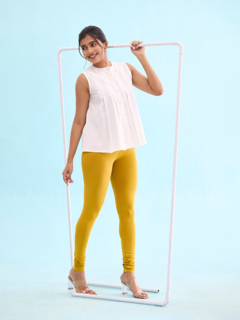 Go Colors Women Mustard Yellow Solid Churidar Length Leggings - Image 4