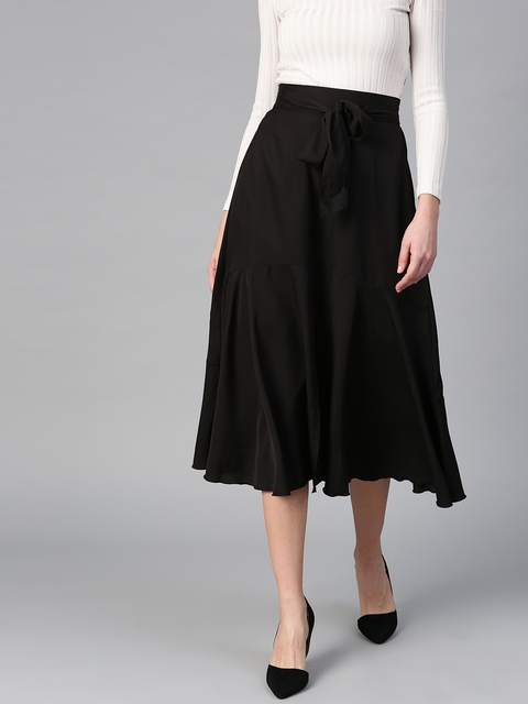 Bitterlime Women Black Solid Midi A-line Skirt