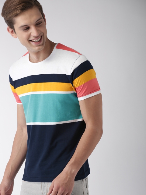 Mast Harbour Men Multicoloured Striped Round Neck Pure Cotton T-shirt