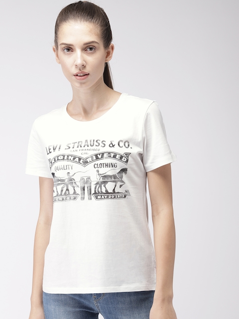 Levis Women White & Black Printed Round Neck T-shirt