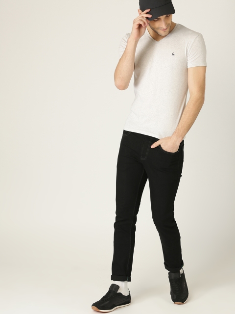 United Colors of Benetton Men Grey Melange Solid V-Neck T-shirt
