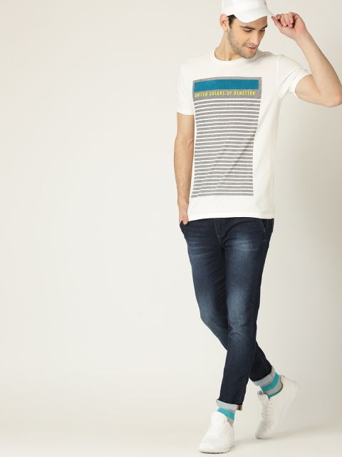 United Colors of Benetton Men White & Grey Striped Round Neck T-shirt