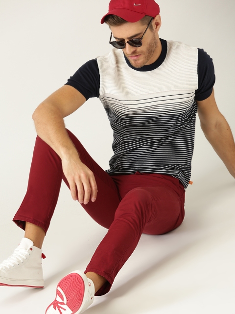 United Colors of Benetton Men Navy Blue & White Striped Round Neck T-shirt