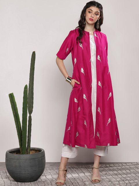 Sangria Women Fuchsia & White Layered Printed Kurta with Trousers