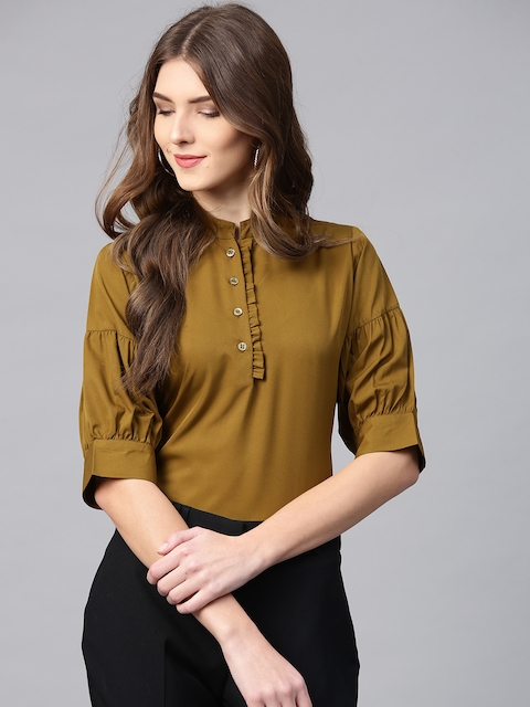 Ives Women Olive Green Solid Shirt Style Top