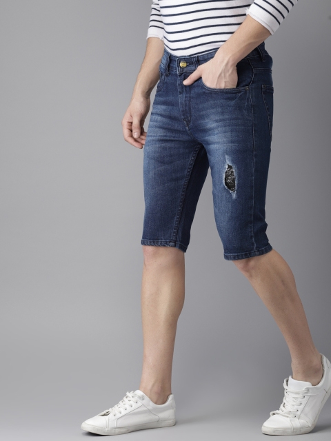 Campus Sutra Men Blue Washed Low Distress Slim Fit Denim Shorts - Image 2