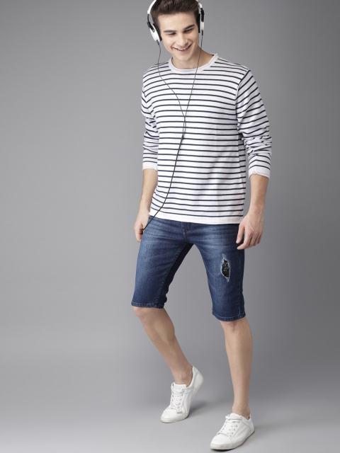 Campus Sutra Men Blue Washed Low Distress Slim Fit Denim Shorts - Image 4