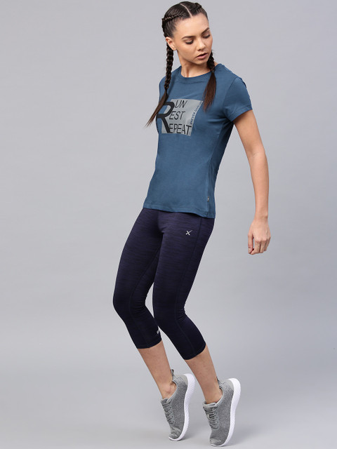 HRX by Hrithik Roshan Women Navy Blue Printed Round Neck T-shirt