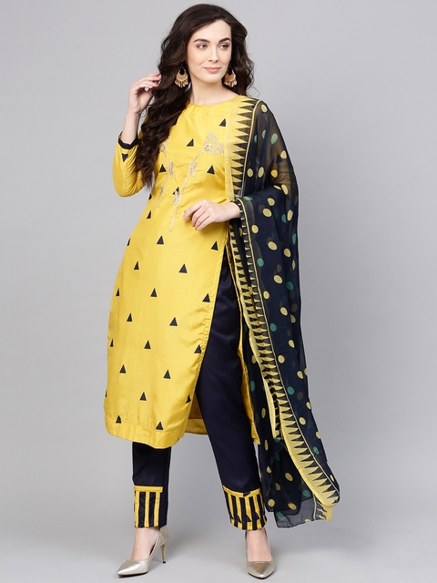 Saree mall Mustard Yellow & Navy Blue Printed Semi-Stitched Dress Material