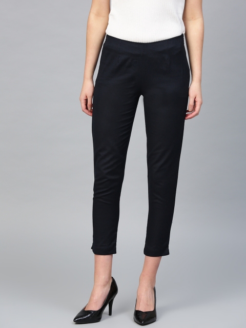 W Women Navy Blue Solid Cropped Trousers