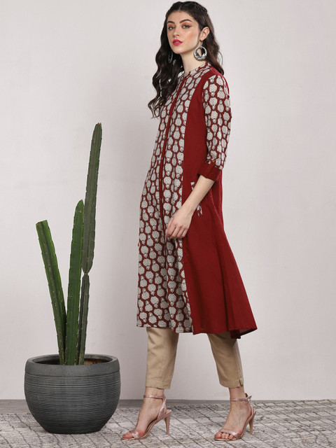 Sangria Women Maroon & Beige Printed Straight Kurta - Image 3