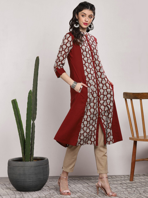 Sangria Women Maroon & Beige Printed Straight Kurta - Image 5