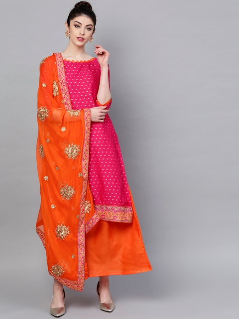 Ishin Pink & Orange Woven Design Unstitched Dress Material