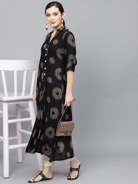 Ives Women Black & Beige Printed A-Line Kurta