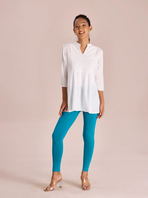 Go Colors Women Turquoise Blue Solid Ankle Length Leggings - Image 4