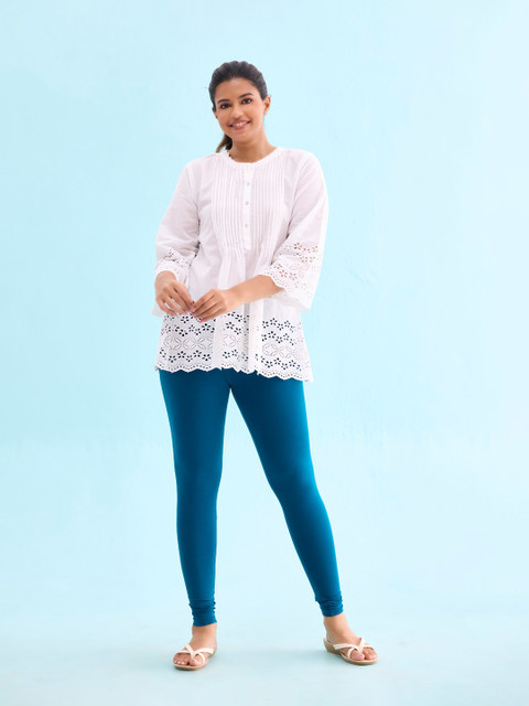 Go Colors Women Teal Blue Solid Ankle Length Leggings - Image 2