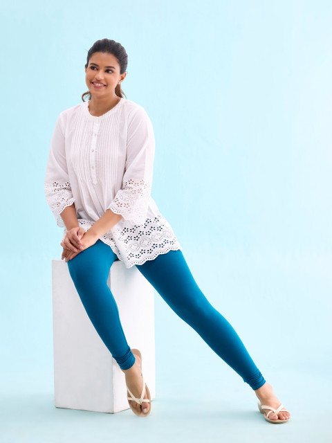 Go Colors Women Teal Blue Solid Ankle Length Leggings