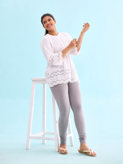 Go Colors Women Grey Solid Churidar Length Leggings - Image 4