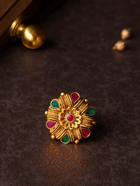 Rubans Antique Gold-Plated & Pink Faux Ruby & Emerald Embellished Adjustable Cocktail...