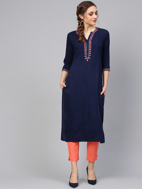 Libas Women Navy Blue & Coral Pink Solid Kurta with Trousers