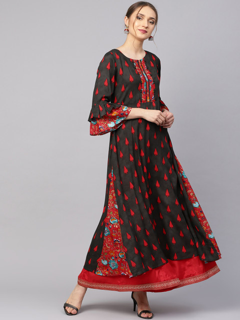 Ives Women Black & Red Printed A-Line Kurta