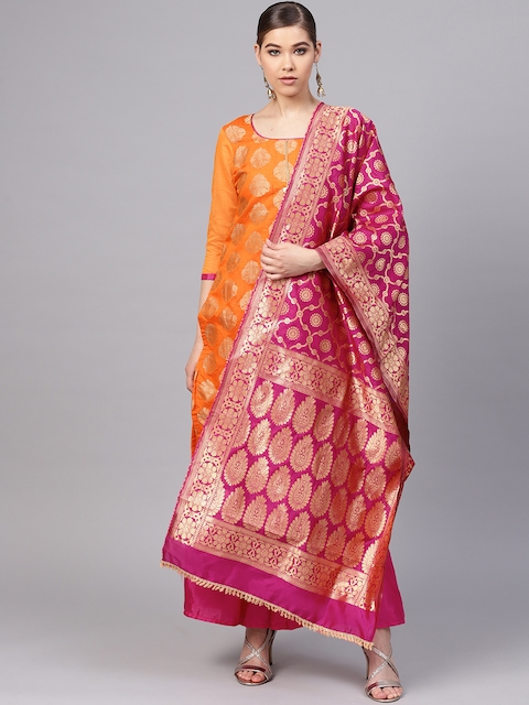 Ishin Orange & Pink Woven Design Unstitched Dress Material