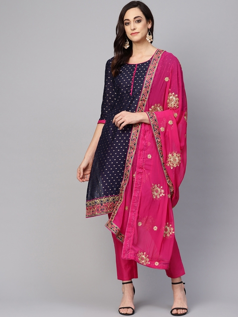 Ishin Navy Blue & Pink Woven Design Unstitched Dress Material