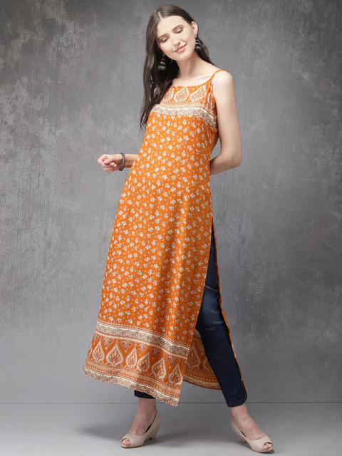 Anouk Women Orange & White Floral Printed Straight Kurta