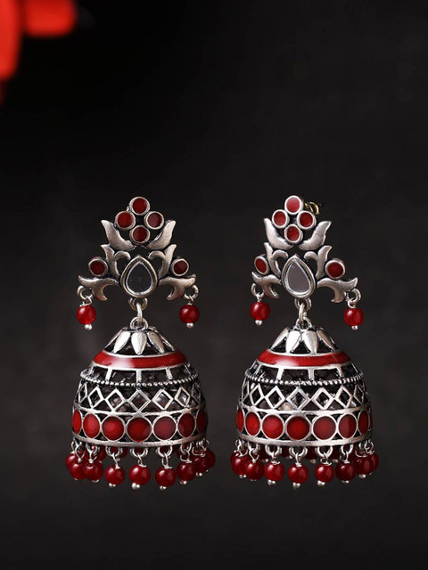 Voylla Silver-Toned & Red Dome Shaped Jhumkas