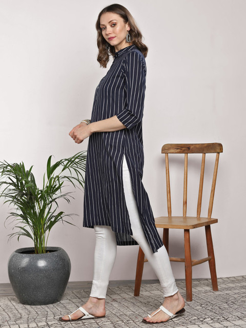 Sangria Black & White Striped A-Line Kurta - Image 3