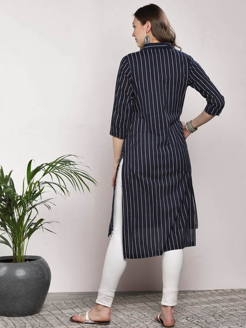 Sangria Black & White Striped A-Line Kurta - Image 4