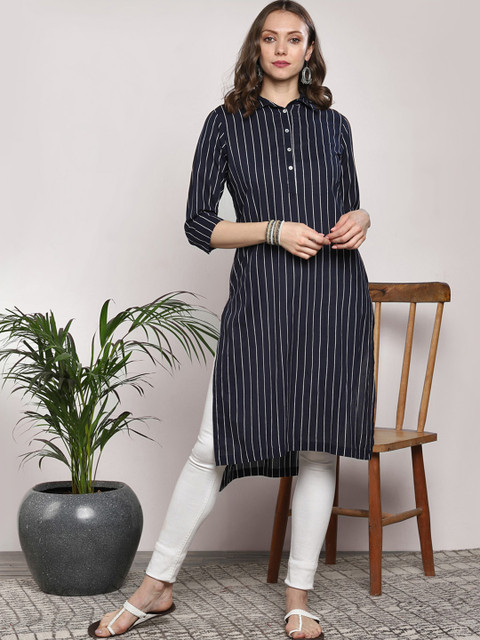 Sangria Black & White Striped A-Line Kurta - Image 5