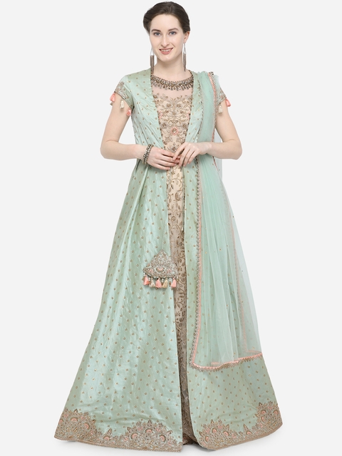Stylee LIFESTYLE Green & Gold-Coloured Raw Silk Semi-Stitched Dress Material